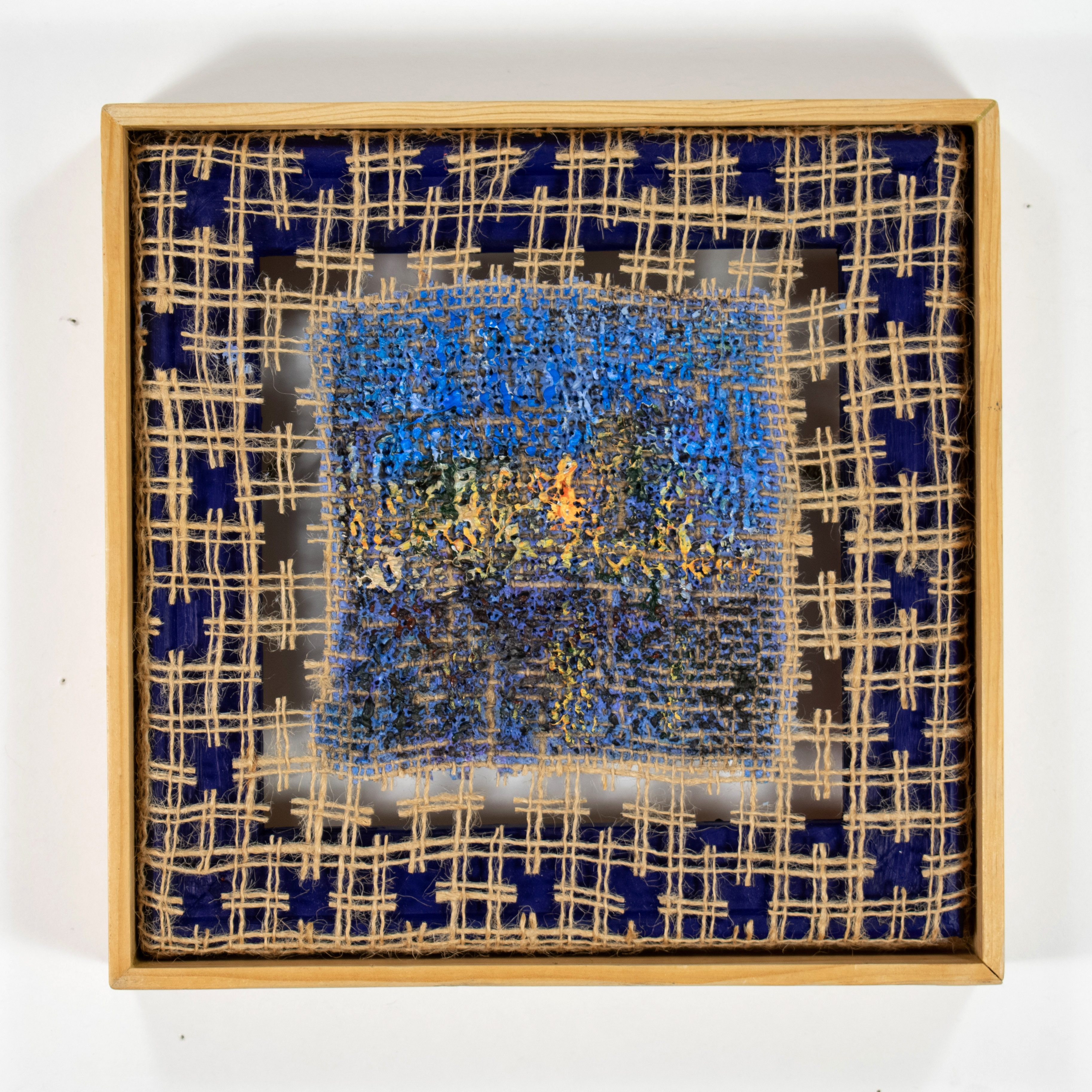 Heirloom (rainy night), 2025, acrylic, burlap, wood, 8.5x8.5 in